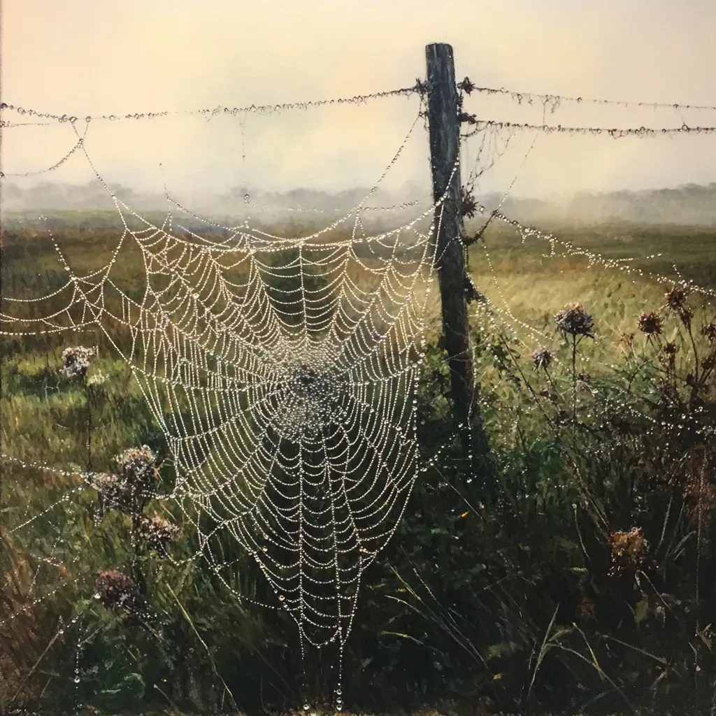 Artwork showing a delicate cobweb embellished with twinkling morning dew - Image 1