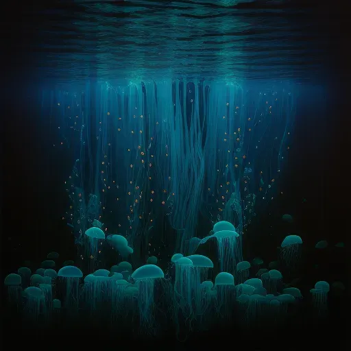 Bioluminescent jellyfish forest in deep ocean casting mystical glow - Image 2