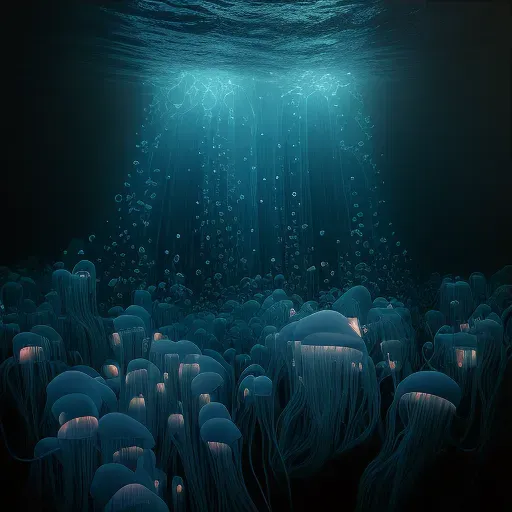 Bioluminescent jellyfish forest in deep ocean casting mystical glow - Image 3