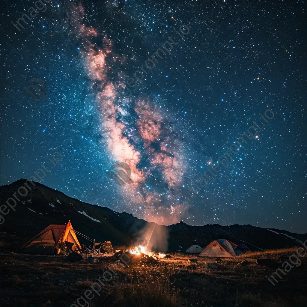 Starry night sky with Milky Way galaxy and campfire on hill - Image 2