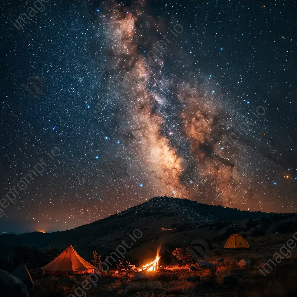 Starry night sky with Milky Way galaxy and campfire on hill - Image 3