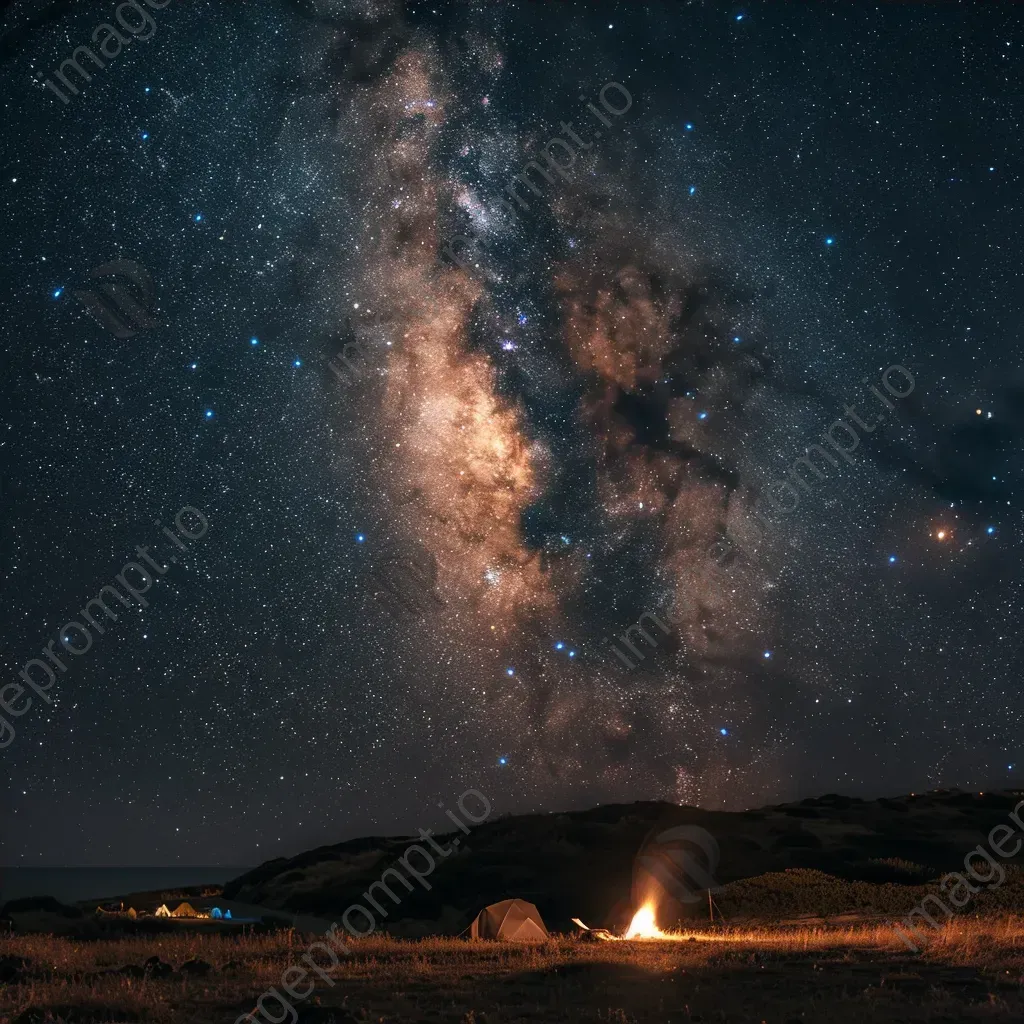 Starry night sky with Milky Way galaxy and campfire on hill - Image 4