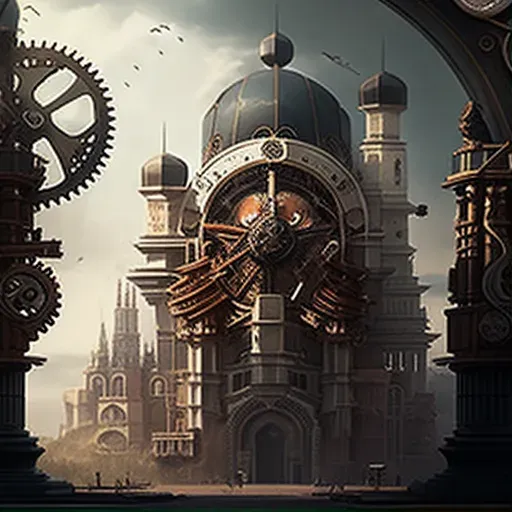 Illustration of a clockwork city with buildings and streets powered by gears and springs - Image 1