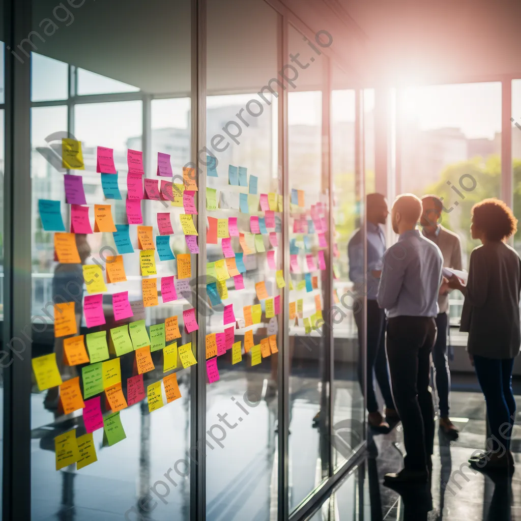 Young professionals brainstorming ideas on a colorful whiteboard - Image 1