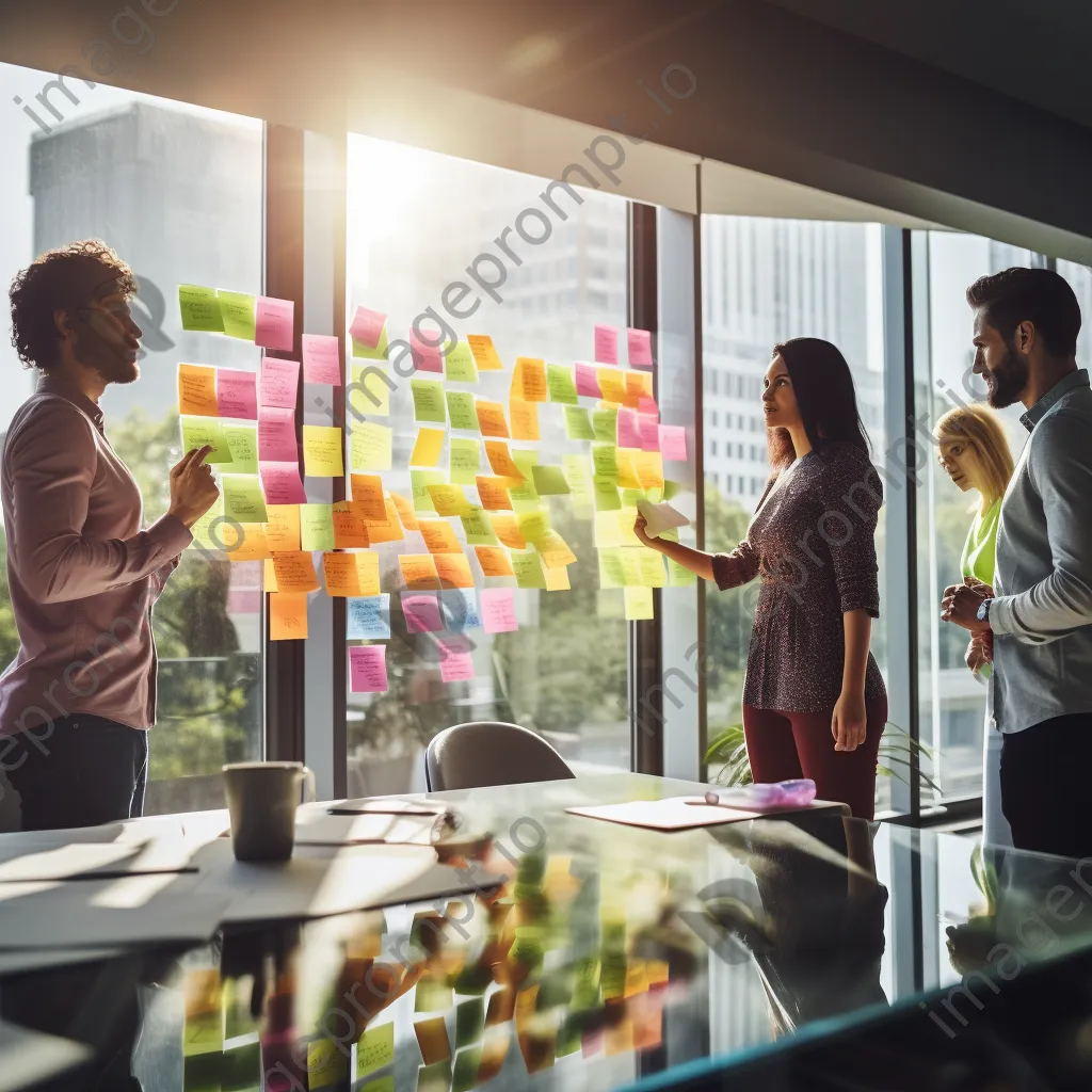 Young professionals brainstorming ideas on a colorful whiteboard - Image 2