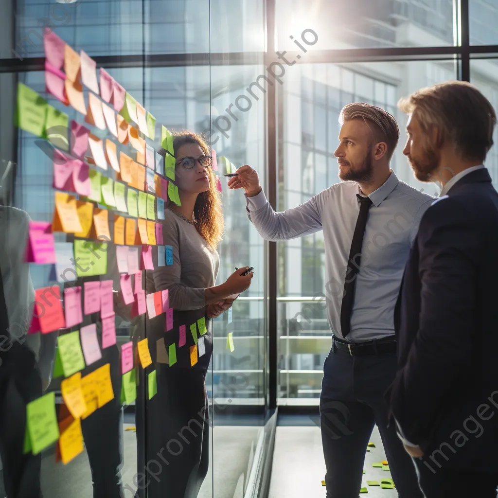 Young professionals brainstorming ideas on a colorful whiteboard - Image 3