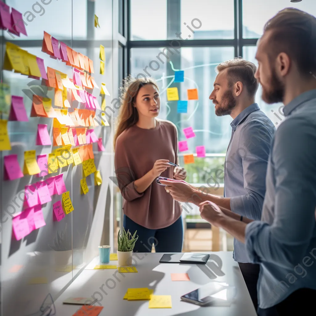 Young professionals brainstorming ideas on a colorful whiteboard - Image 4