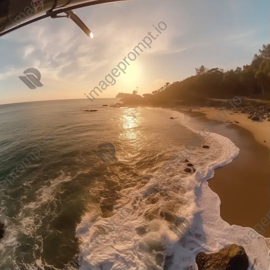 Coastline at sunrise with helicopters patrolling, aerial beach view - Image 1