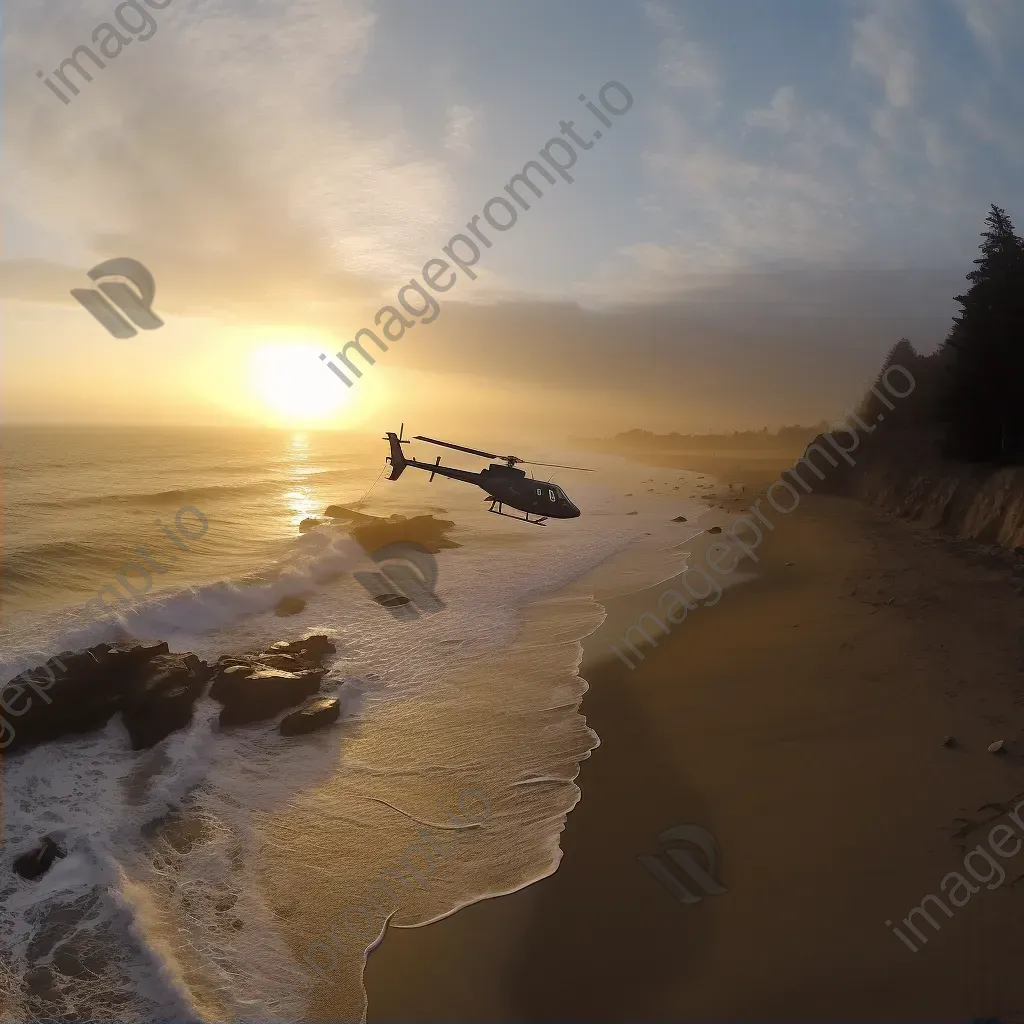 Coastline at sunrise with helicopters patrolling, aerial beach view - Image 2