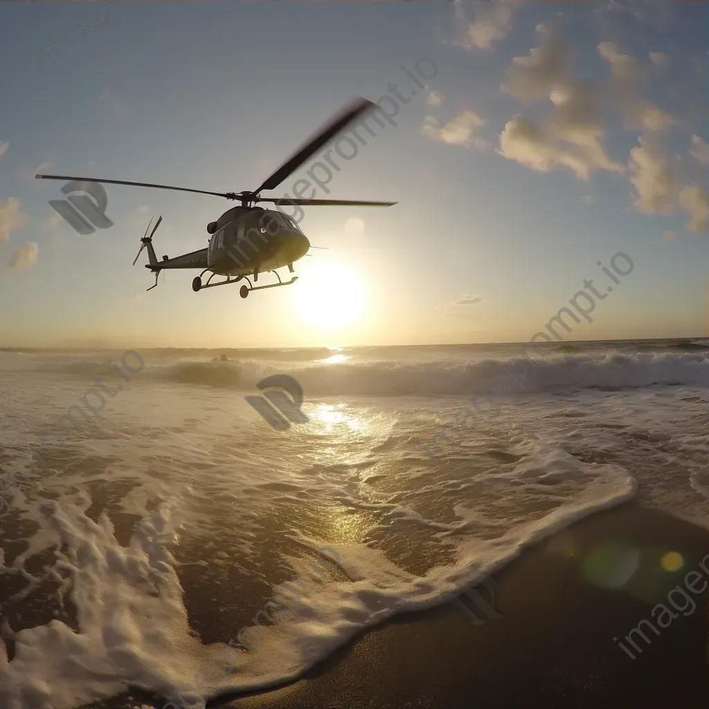 Coastline at sunrise with helicopters patrolling, aerial beach view - Image 3