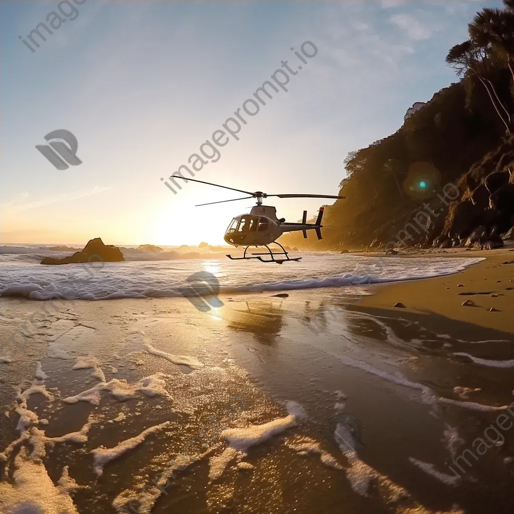 Coastline at sunrise with helicopters patrolling, aerial beach view - Image 4