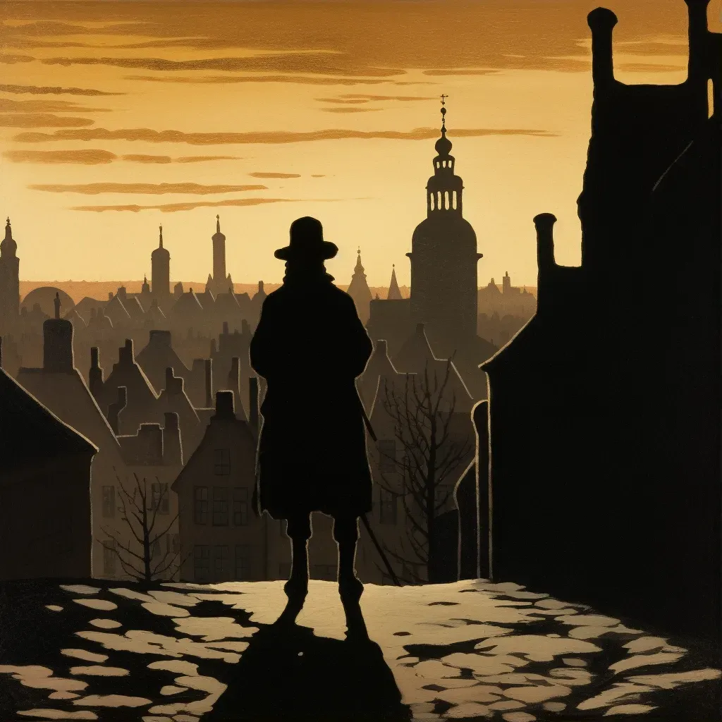 Silhouetted figure walking into bright cityscape at twilight - Image 1