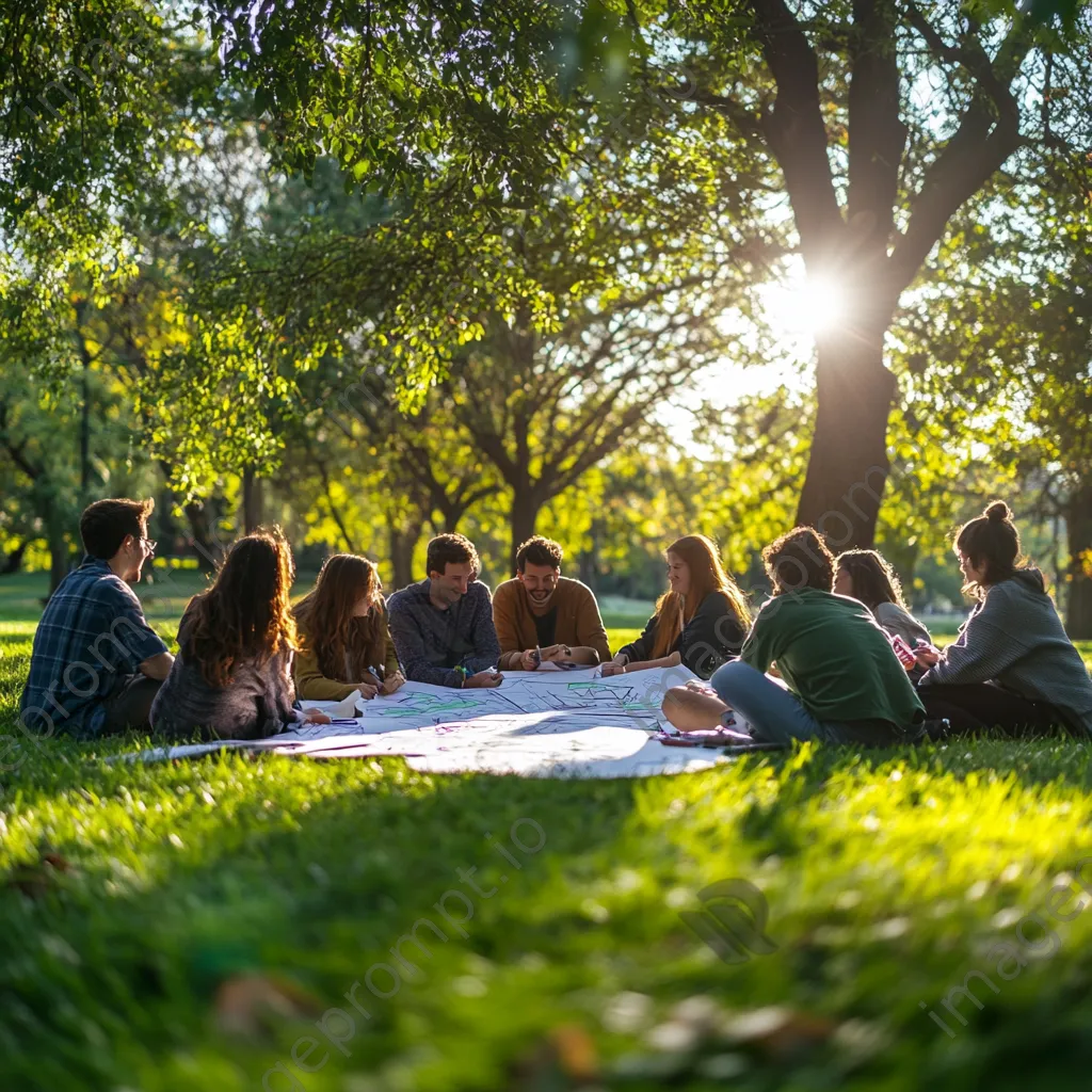 Group brainstorming outdoors with large sheets of paper on grass - Image 1