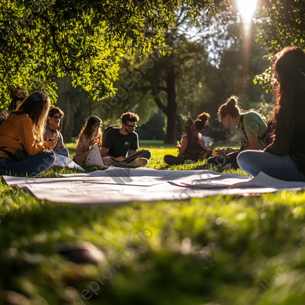 Group brainstorming outdoors with large sheets of paper on grass - Image 2