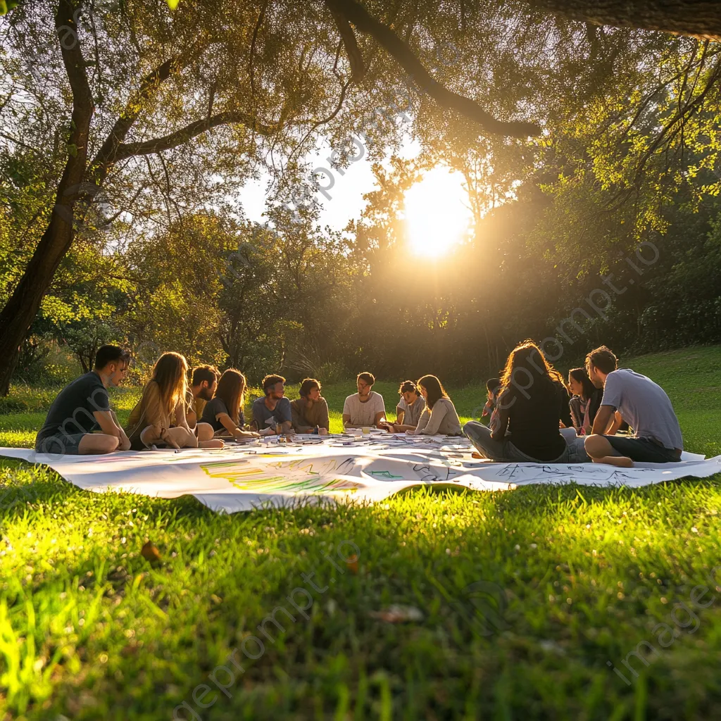 Group brainstorming outdoors with large sheets of paper on grass - Image 3