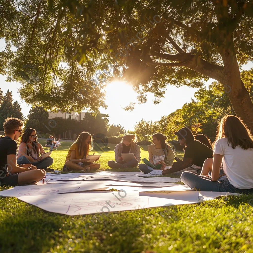 Group brainstorming outdoors with large sheets of paper on grass - Image 4