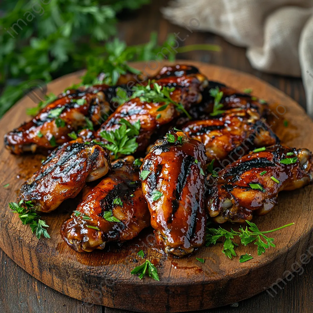 Close-up of grilled chicken wings on a wooden platter with herbs - Image 1