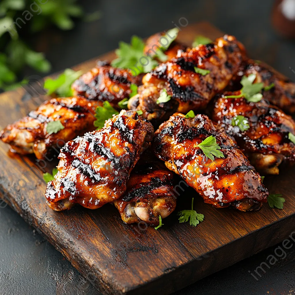 Close-up of grilled chicken wings on a wooden platter with herbs - Image 4