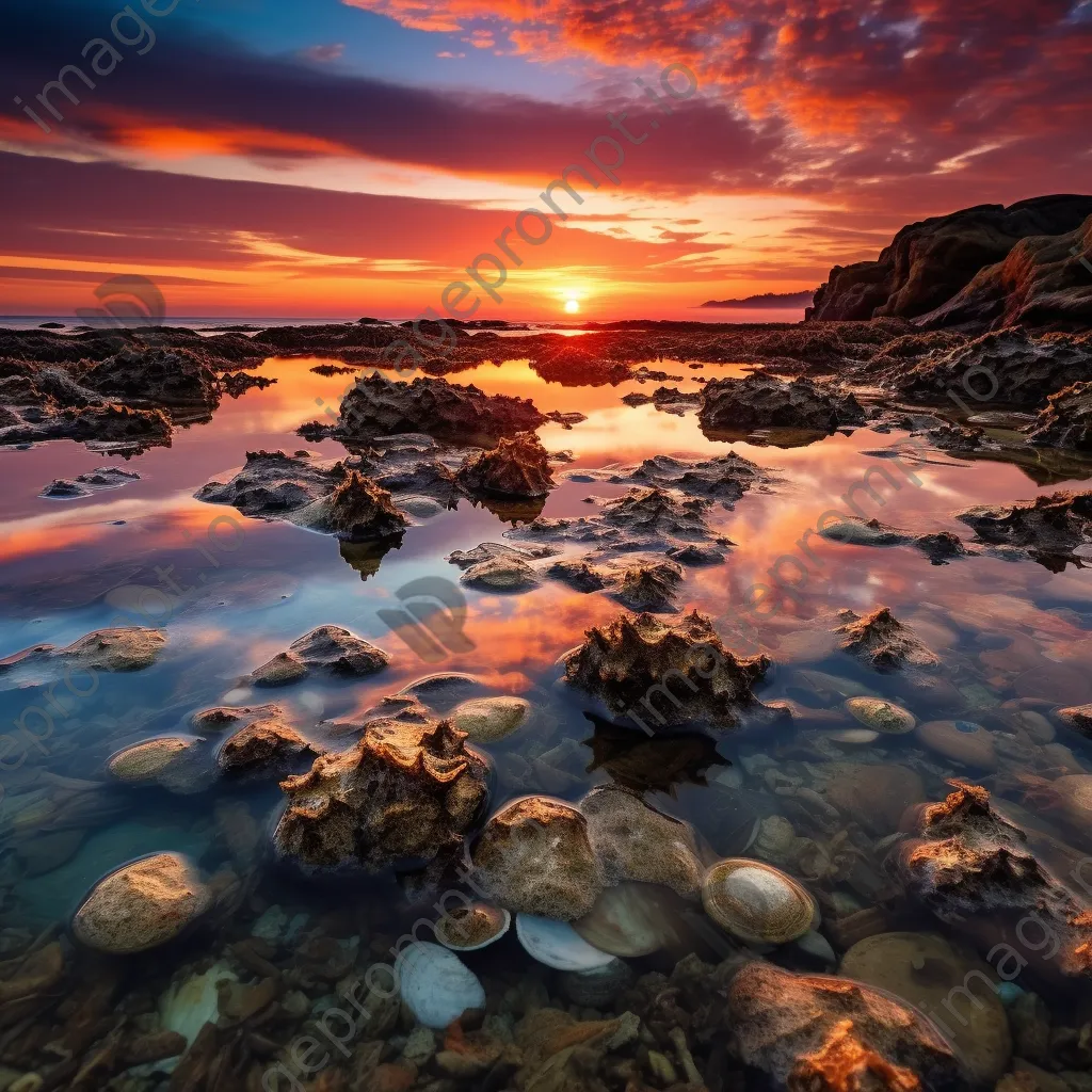 Sunset over rock pools filled with shells - Image 1