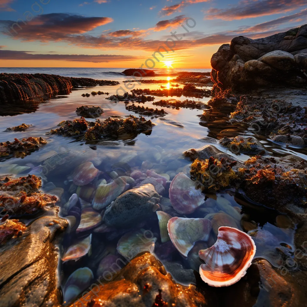 Sunset over rock pools filled with shells - Image 4