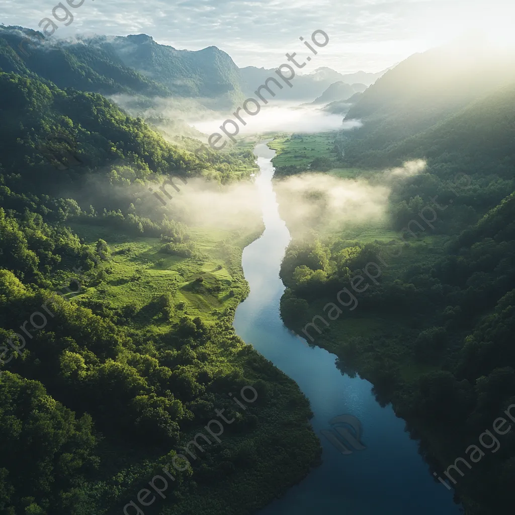 Winding river in a misty valley with greenery - Image 1