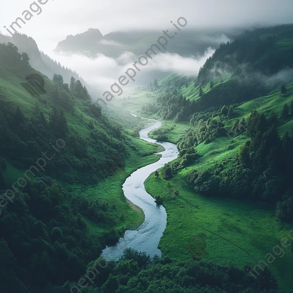 Winding river in a misty valley with greenery - Image 2