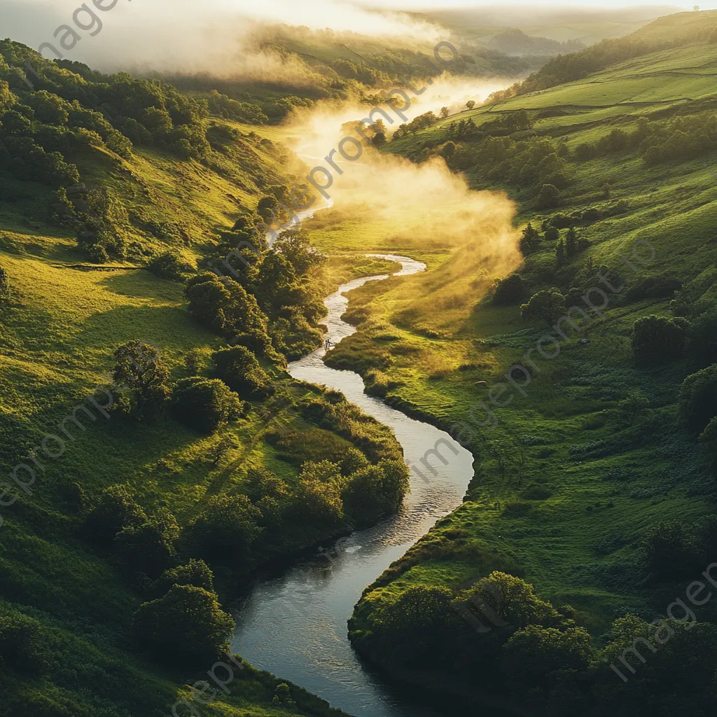 Winding river in a misty valley with greenery - Image 3