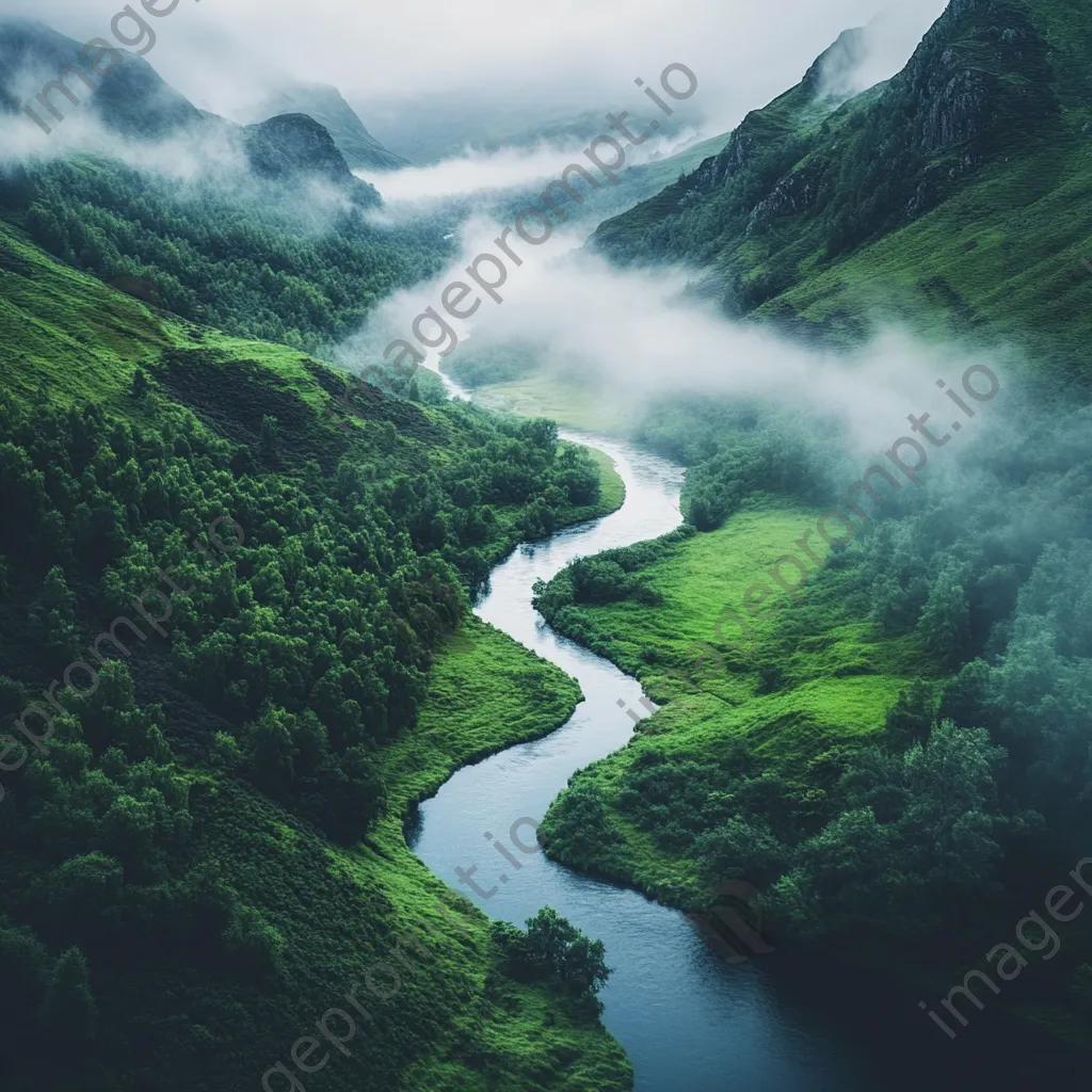 Winding river in a misty valley with greenery - Image 4