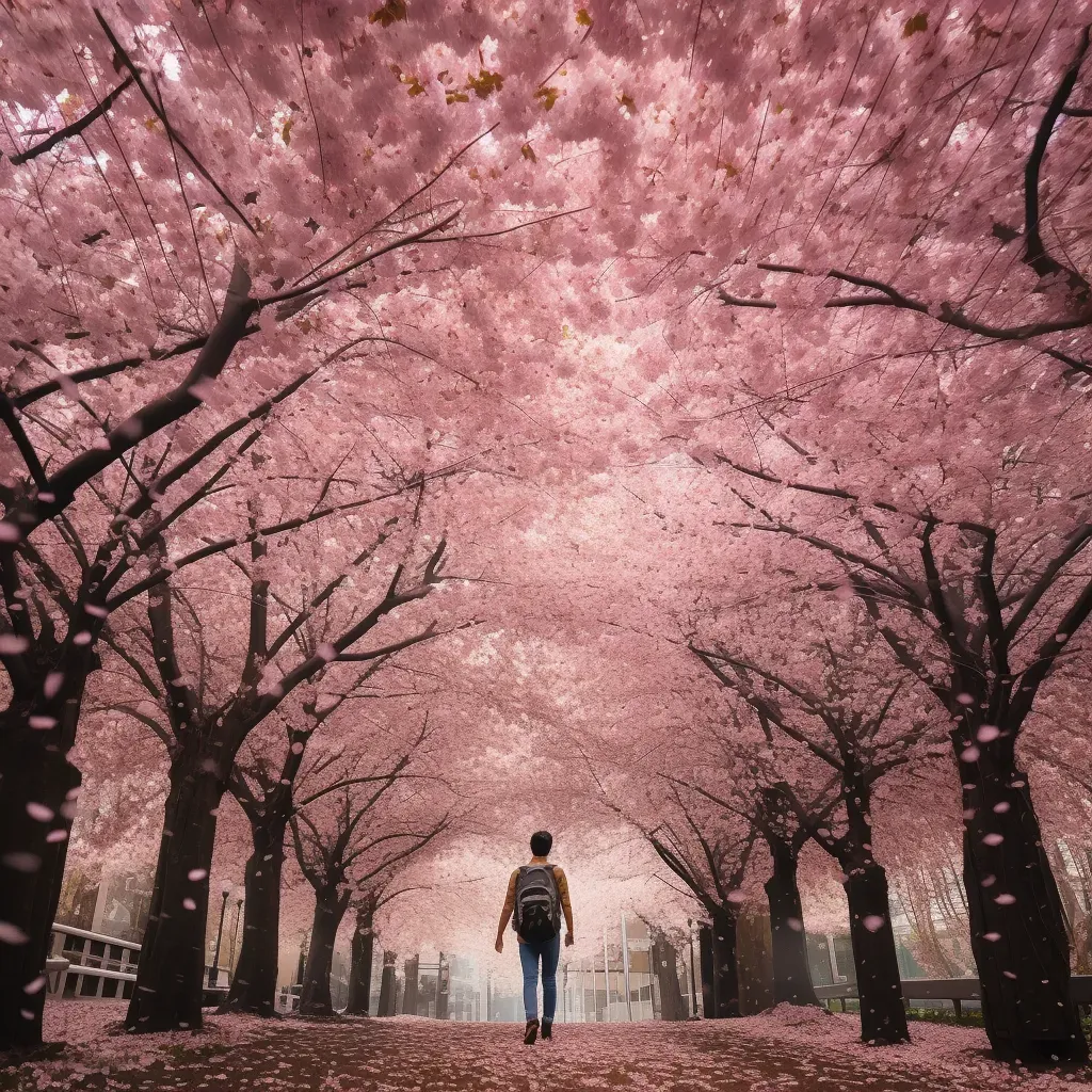 A person standing under a canopy of cherry blossoms - Image 1