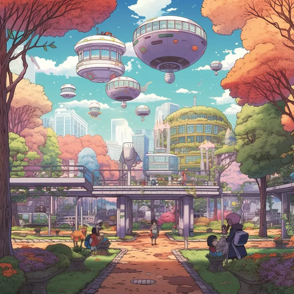 Image of a retro city park with futuristic elements - Image 1