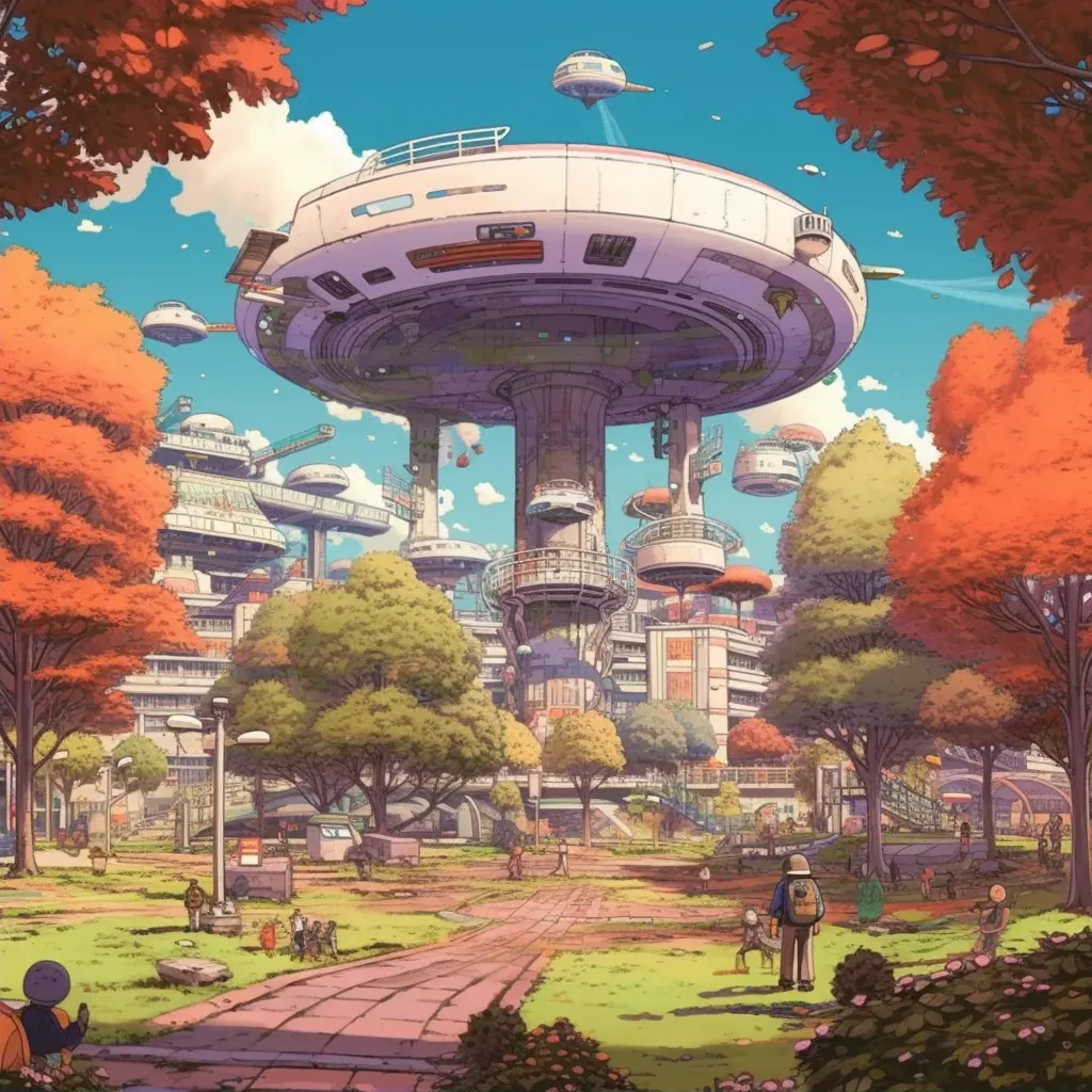 Image of a retro city park with futuristic elements - Image 2