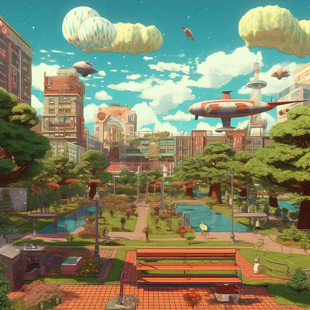 Image of a retro city park with futuristic elements - Image 4