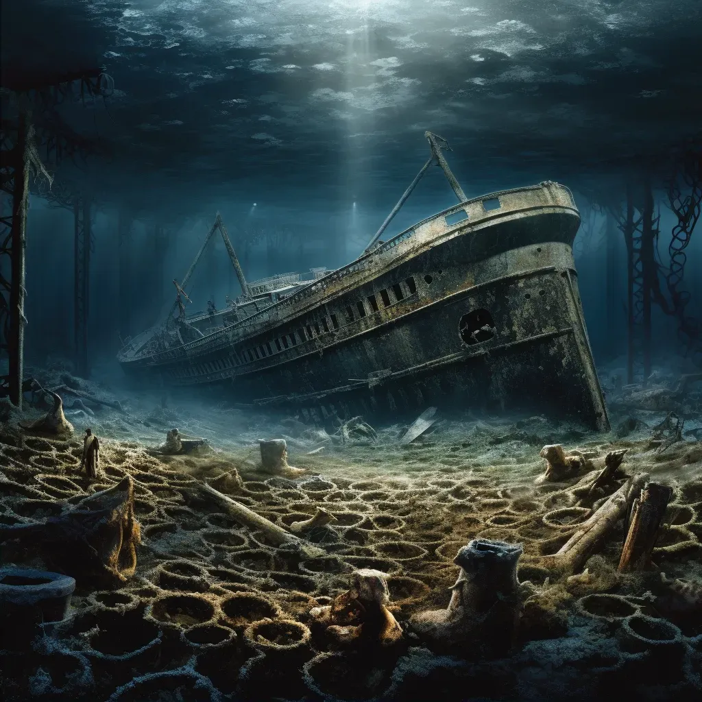 Titanic remains on seabed surrounded by darkness and marine life - Image 2