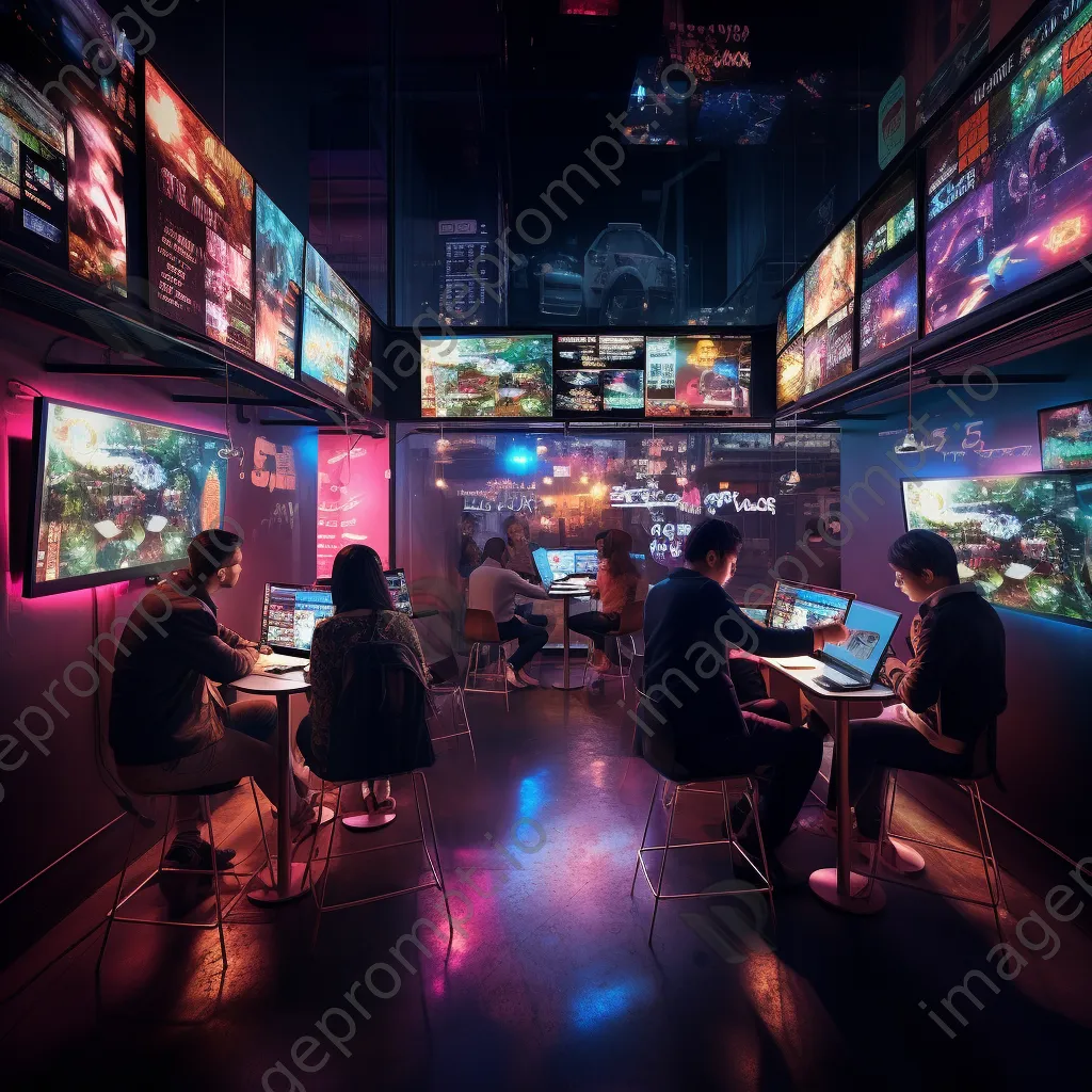 Inside an internet café with patrons and digital grids, photographed with a Panasonic Lumix GH5. - Image 1