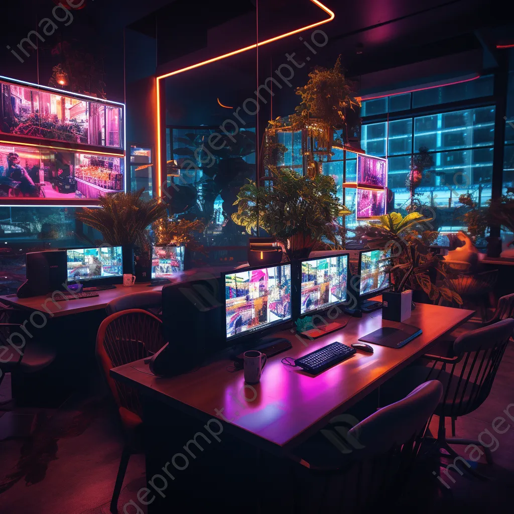 Inside an internet café with patrons and digital grids, photographed with a Panasonic Lumix GH5. - Image 2