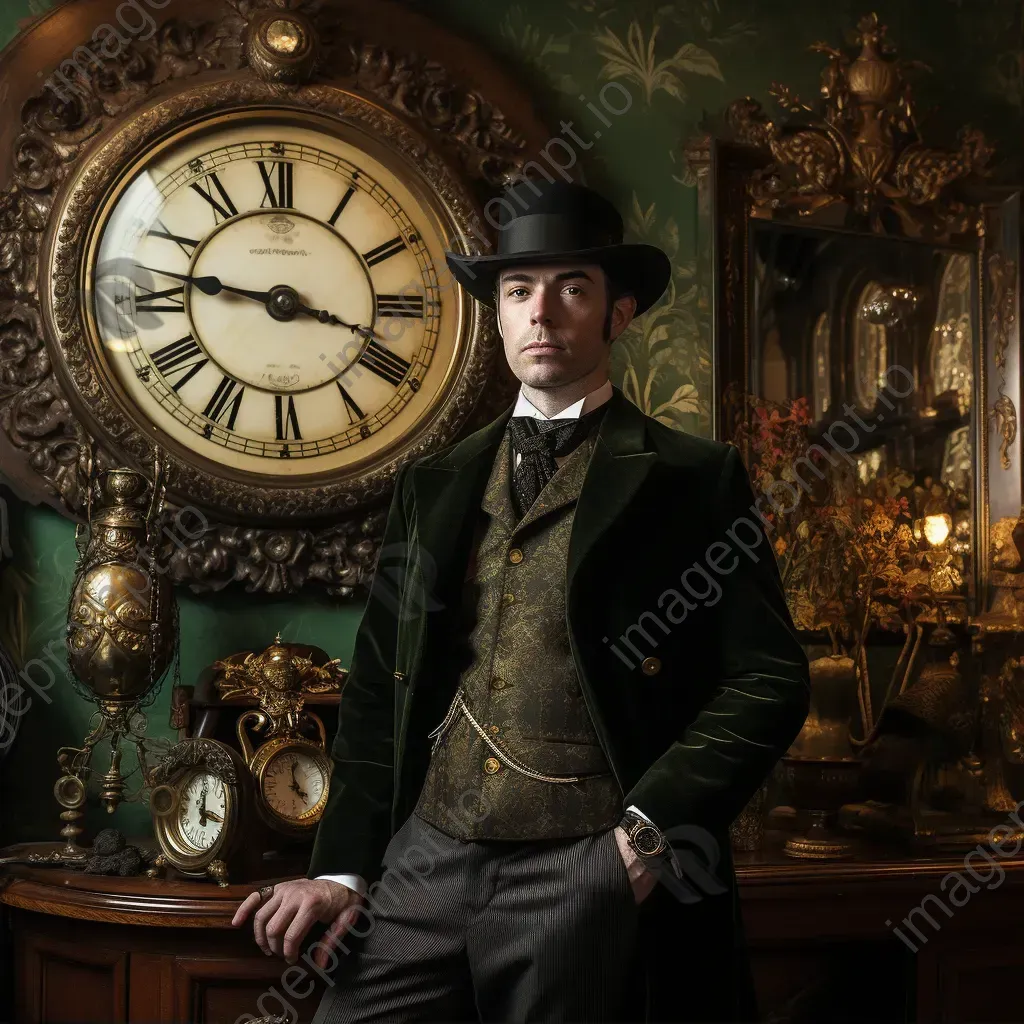 Portrait of a gentleman in top hat by antique clock in Victorian parlor - Image 1