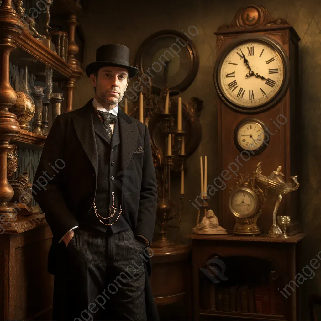 Portrait of a gentleman in top hat by antique clock in Victorian parlor - Image 2