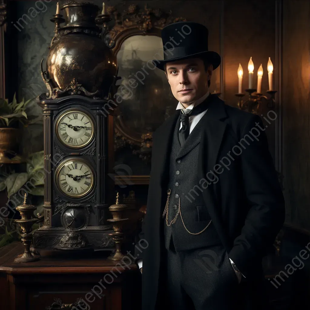 Portrait of a gentleman in top hat by antique clock in Victorian parlor - Image 3