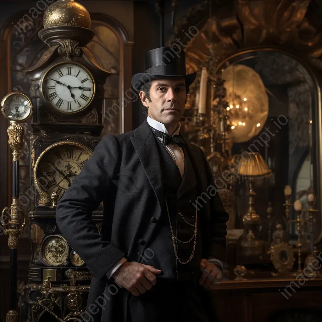 Portrait of a gentleman in top hat by antique clock in Victorian parlor - Image 4