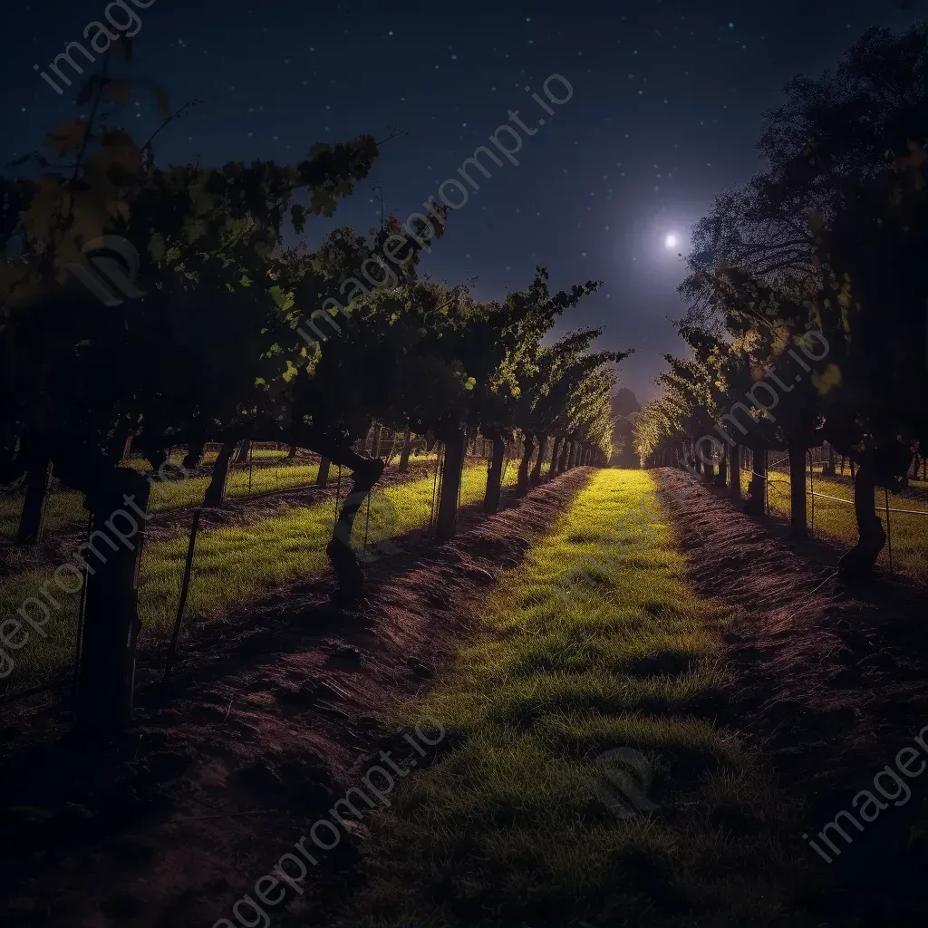 Moonlit vineyard with grapevines in shadows - Image 1