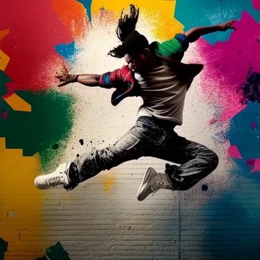 Hip hop dancer performing a jump in front of a graffiti-covered wall - Image 1