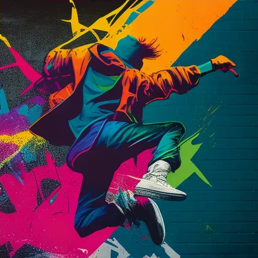 Hip hop dancer performing a jump in front of a graffiti-covered wall - Image 4