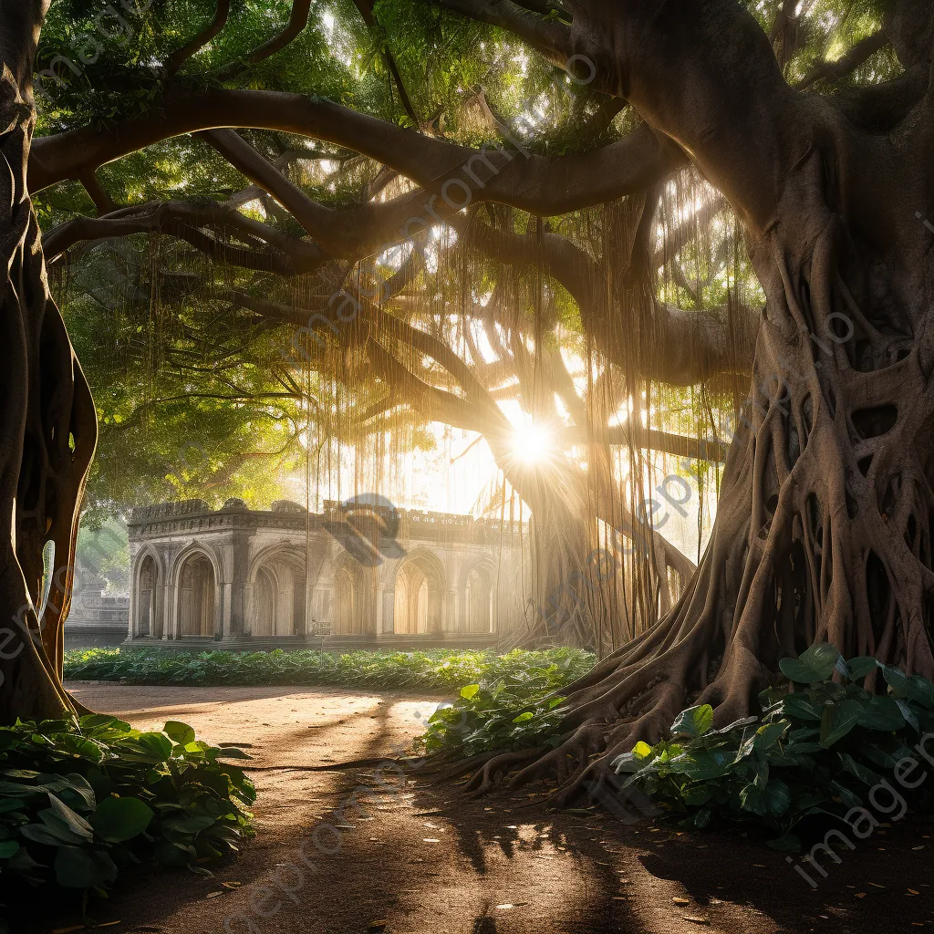 Banyan tree with aerial roots illuminated by morning light - Image 1