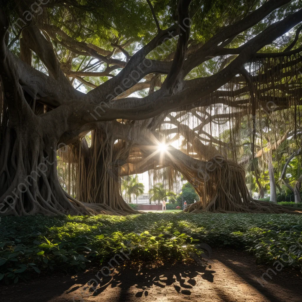 Banyan tree with aerial roots illuminated by morning light - Image 2