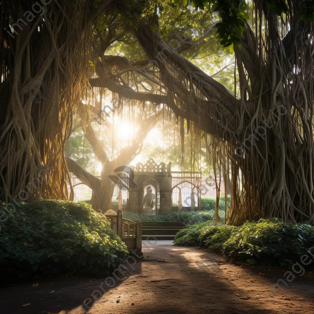 Banyan tree with aerial roots illuminated by morning light - Image 3