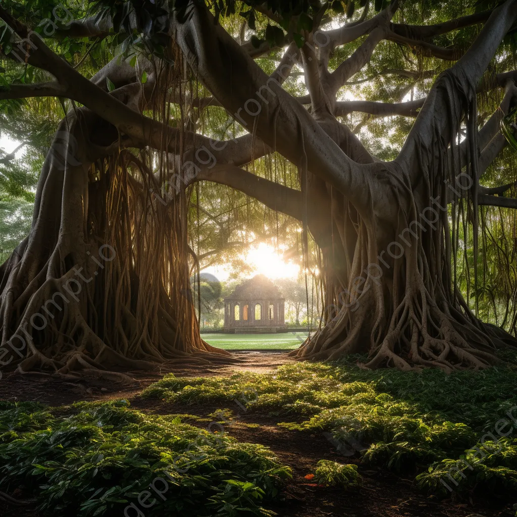 Banyan tree with aerial roots illuminated by morning light - Image 4