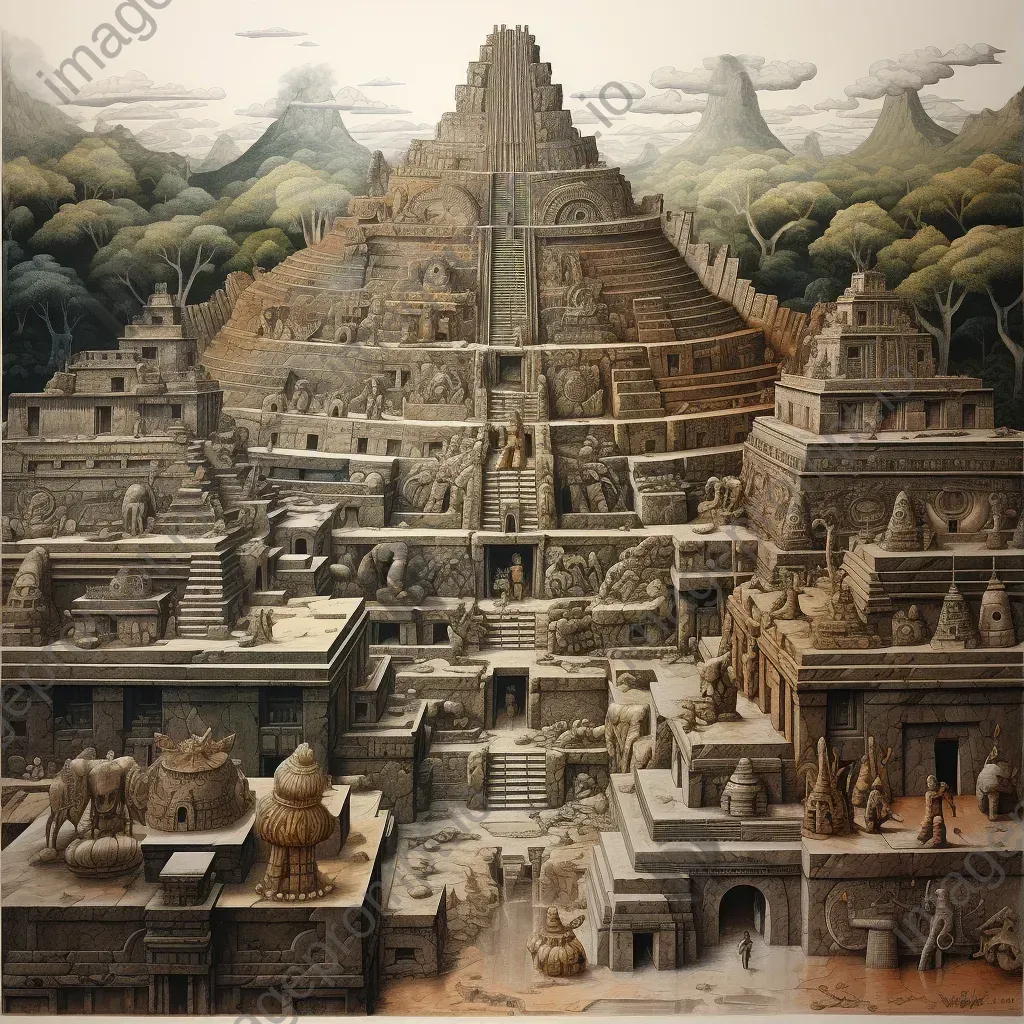 Stone etching of the intricate architectural marvels and rituals of the Mayan civilization - Image 1