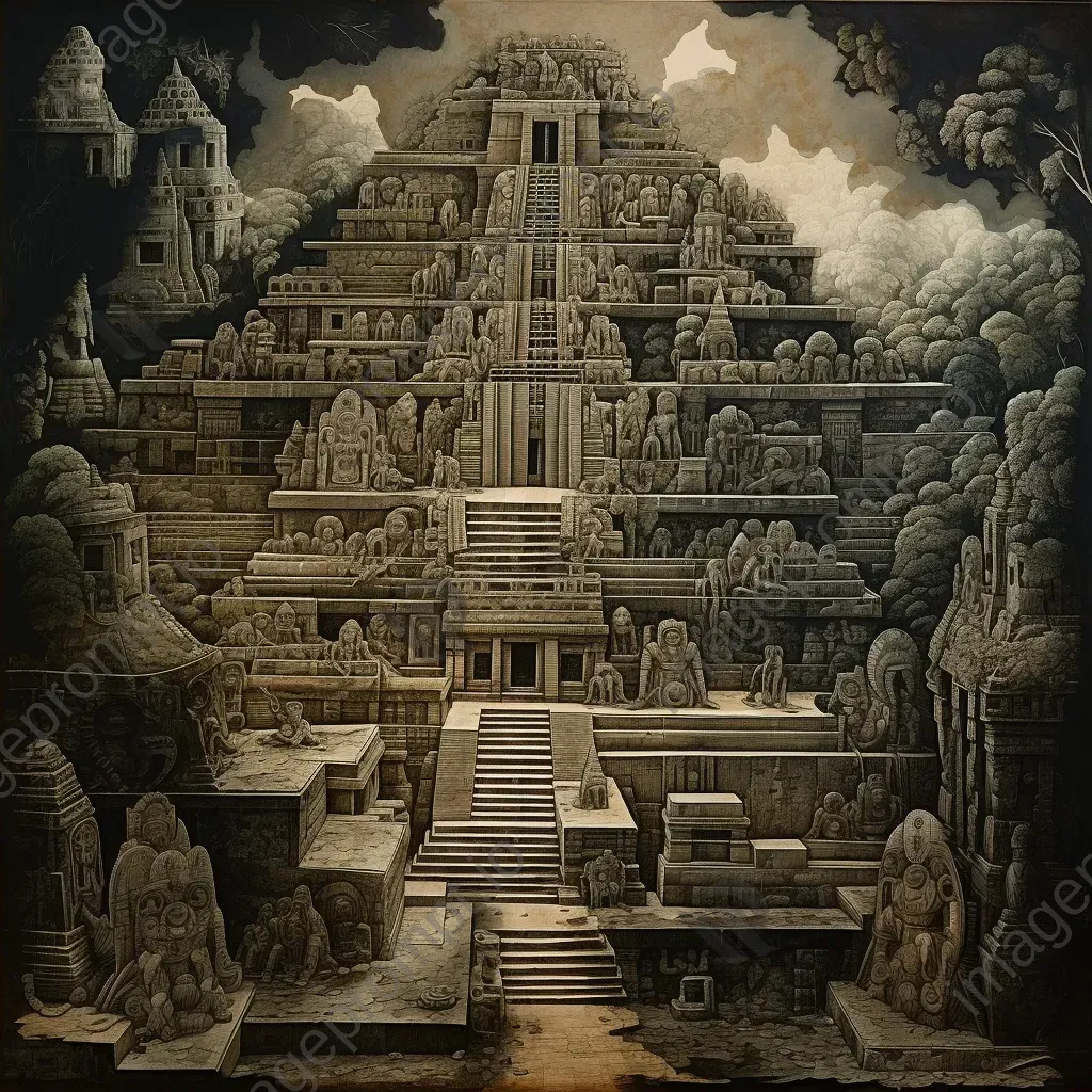 Stone etching of the intricate architectural marvels and rituals of the Mayan civilization - Image 2