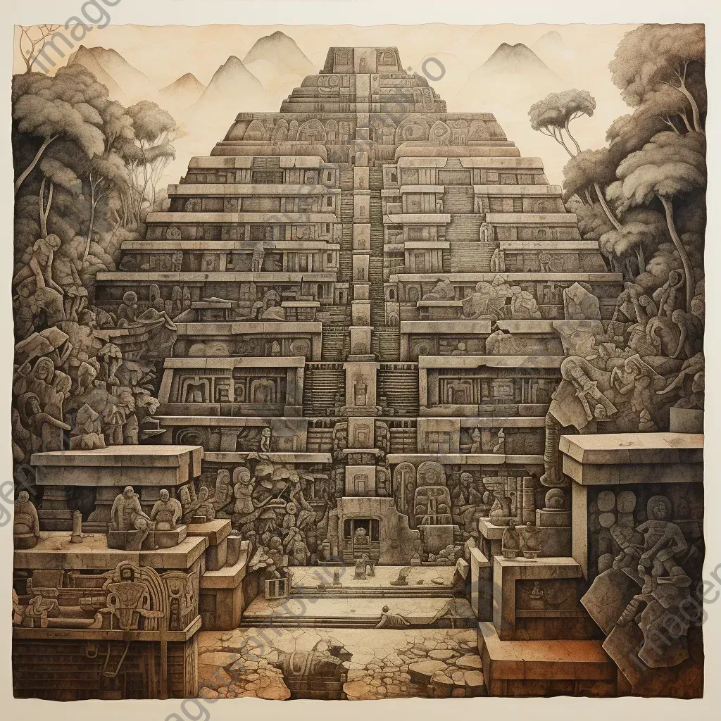 Stone etching of the intricate architectural marvels and rituals of the Mayan civilization - Image 3