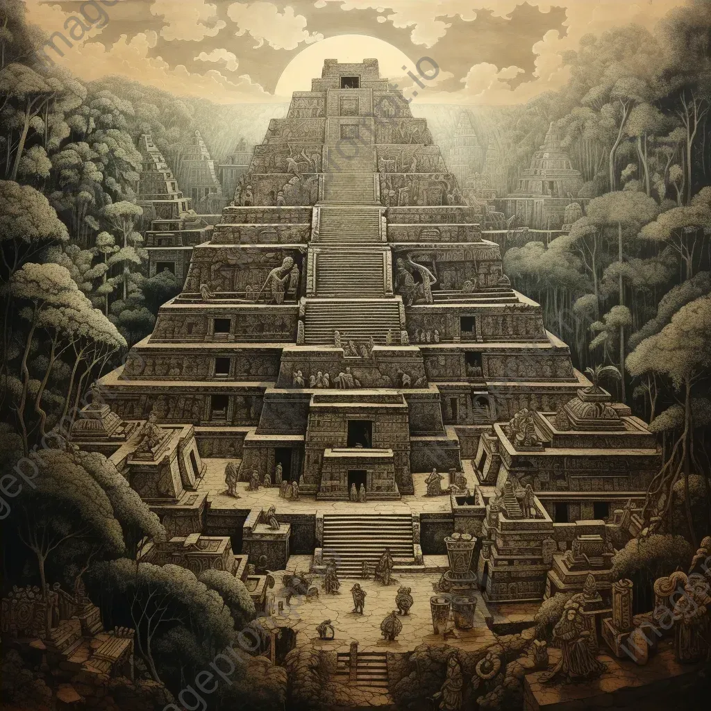 Stone etching of the intricate architectural marvels and rituals of the Mayan civilization - Image 4